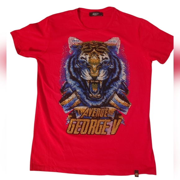 George V Paris Couture Red Tee Fitted Rhinestones Tiger Face Medium - Picture 1 of 9